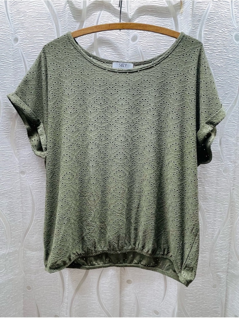 Suzy Shier Olive Green Eyelet Short Sleeve Top
